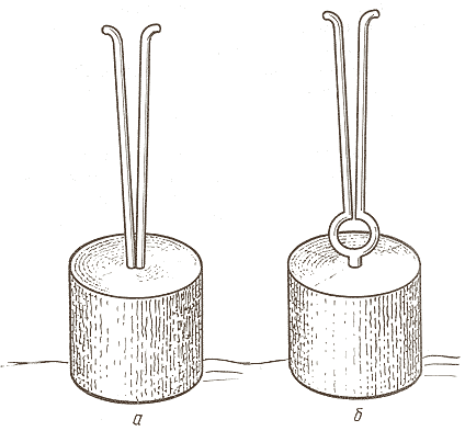 Простейшие конструкции щемилок: а — для окорки прута, б — для окорки палок